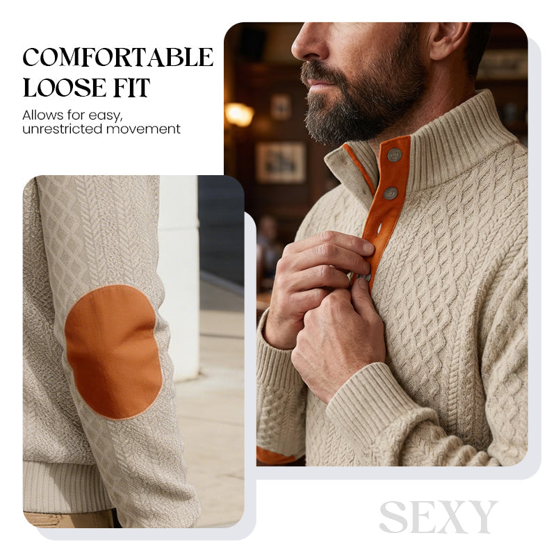 ✨👔 60% de réduction ! Sweat-shirt Homme à Col Jacquard Texturé – Coupe ample, coudières vintage & finitions premium