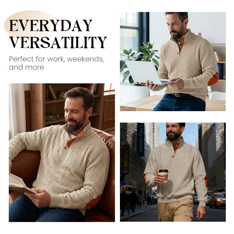 ✨👔 60% de réduction ! Sweat-shirt Homme à Col Jacquard Texturé – Coupe ample, coudières vintage & finitions premium