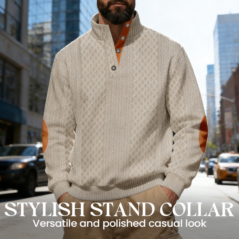 ✨👔 60% de réduction ! Sweat-shirt Homme à Col Jacquard Texturé – Coupe ample, coudières vintage & finitions premium