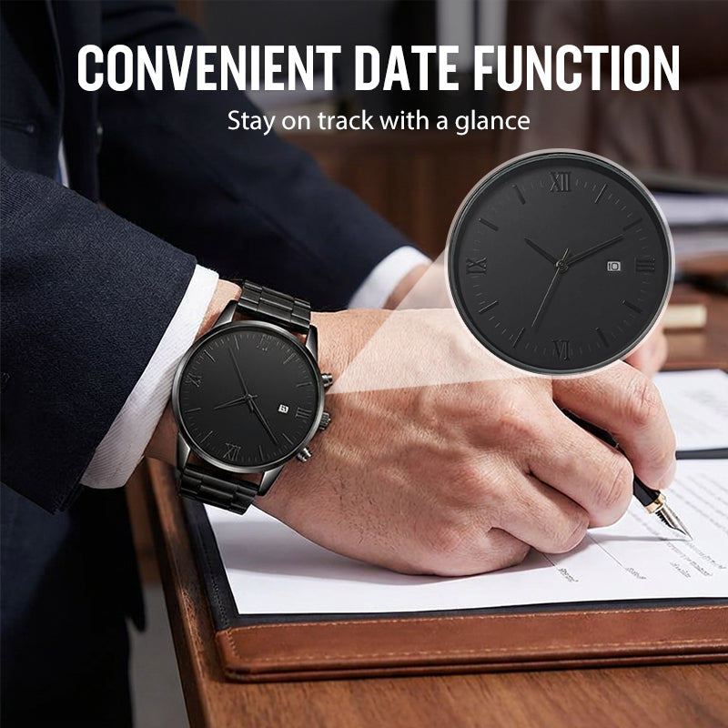 🎉💰 50 % de réduction ⚡ Montre quartz minimaliste pour homme avec date – Acier inoxydable entièrement noir, cadran romain et précision horlogère ! ⌚🖤