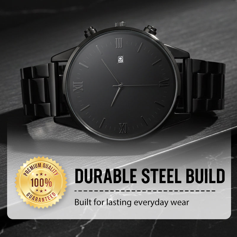 🎉💰 50 % de réduction ⚡ Montre quartz minimaliste pour homme avec date – Acier inoxydable entièrement noir, cadran romain et précision horlogère ! ⌚🖤