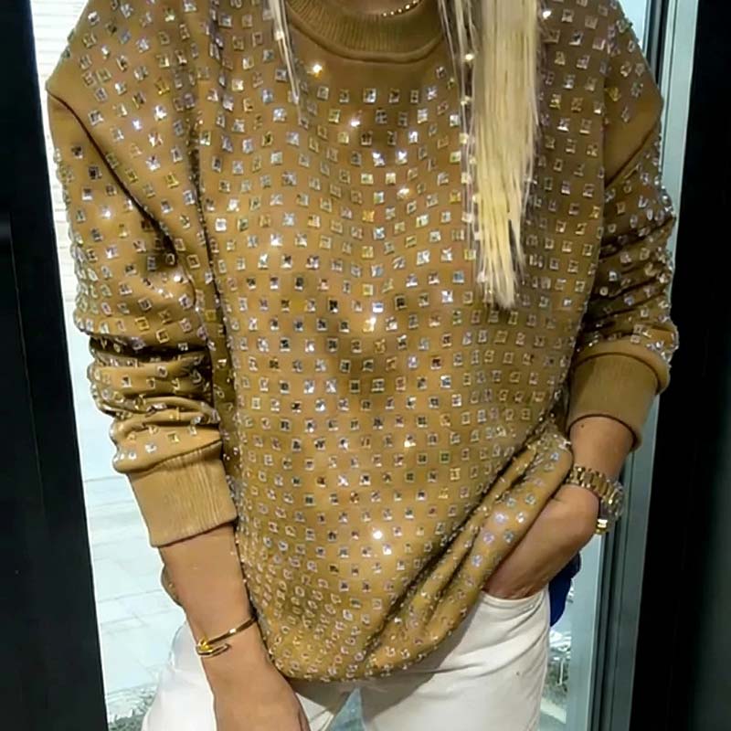 Sweat-shirt à col rond clouté pour femme