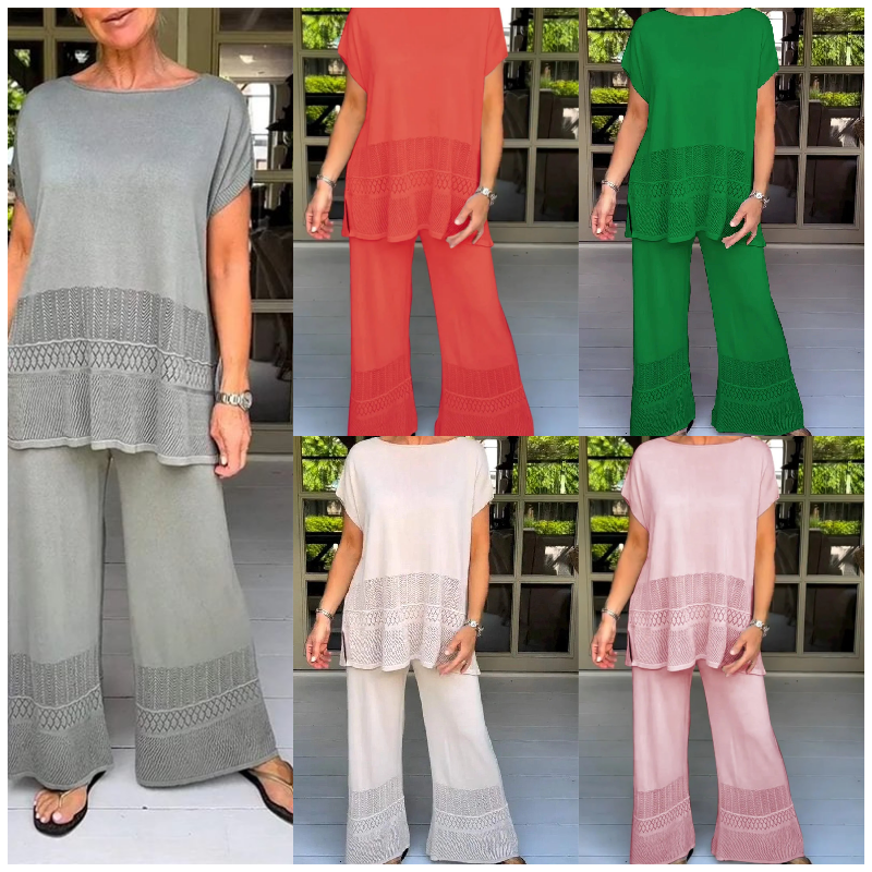 Ensemble deux pièces pour femme, haut à manches courtes et pantalon, couleur unie