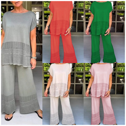 Ensemble deux pièces pour femme, haut à manches courtes et pantalon, couleur unie