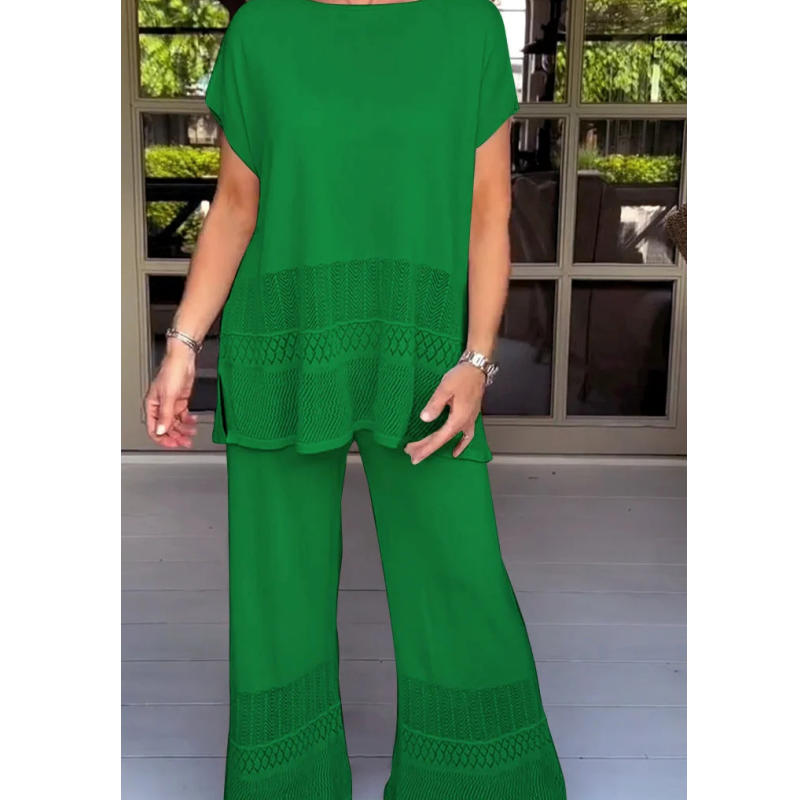 Ensemble deux pièces pour femme, haut à manches courtes et pantalon, couleur unie