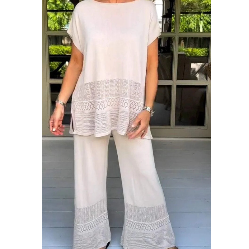 Ensemble deux pièces pour femme, haut à manches courtes et pantalon, couleur unie