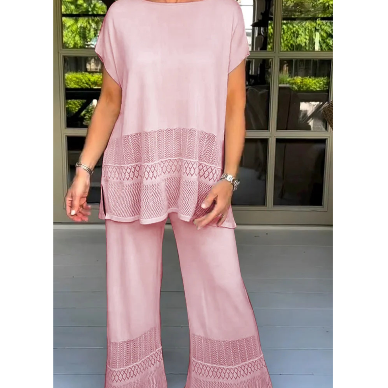 Ensemble deux pièces pour femme, haut à manches courtes et pantalon, couleur unie
