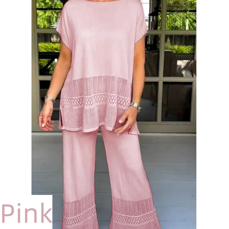 Ensemble deux pièces pour femme, haut à manches courtes et pantalon, couleur unie