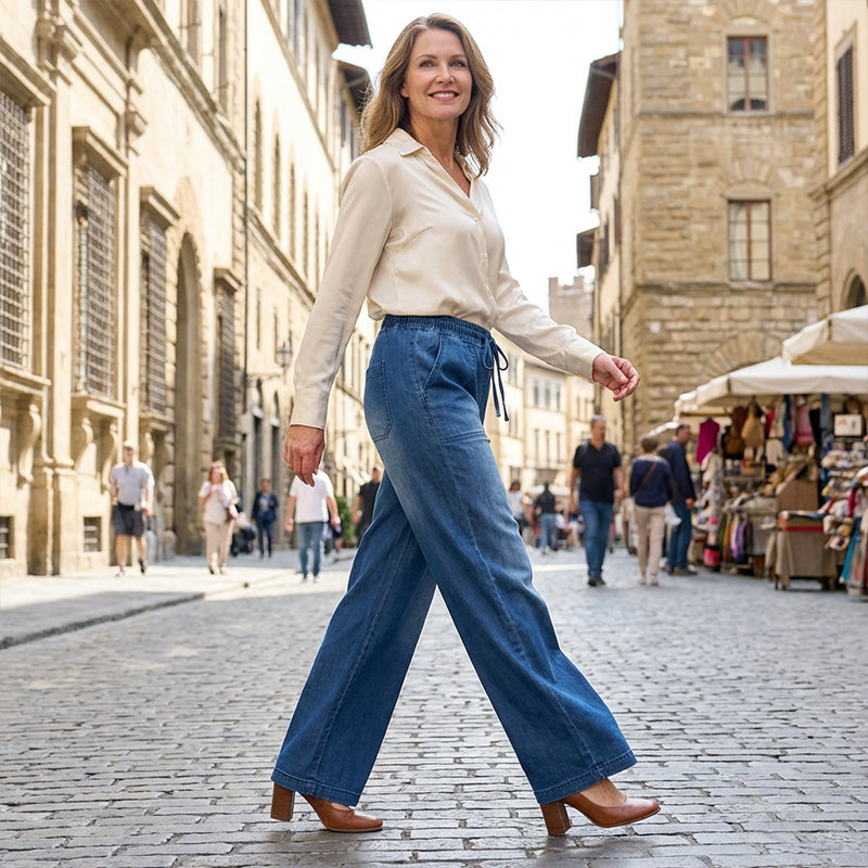 Jean denim à taille élastiquée et jambes larges pour femme