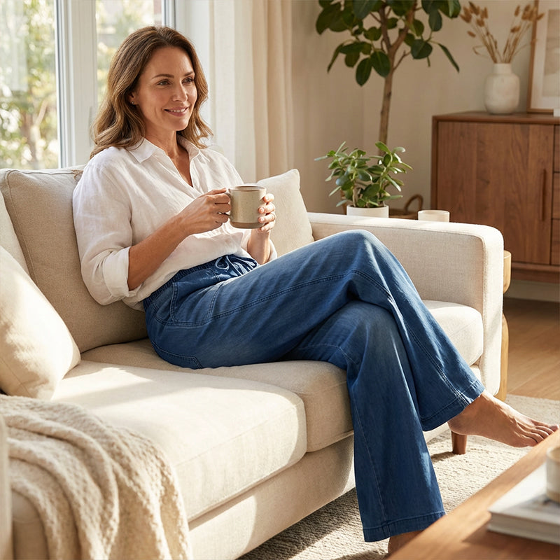Jean denim à taille élastiquée et jambes larges pour femme