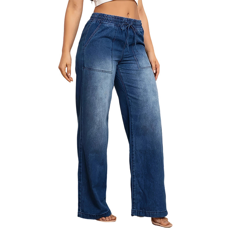 Jean denim à taille élastiquée et jambes larges pour femme