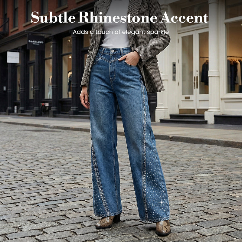 🎉50% DE RÉDUCTION✨Jean Large à Jambes Larges pour Femme avec Strass👖Élégance, Confort & Silhouette Allongée🔥