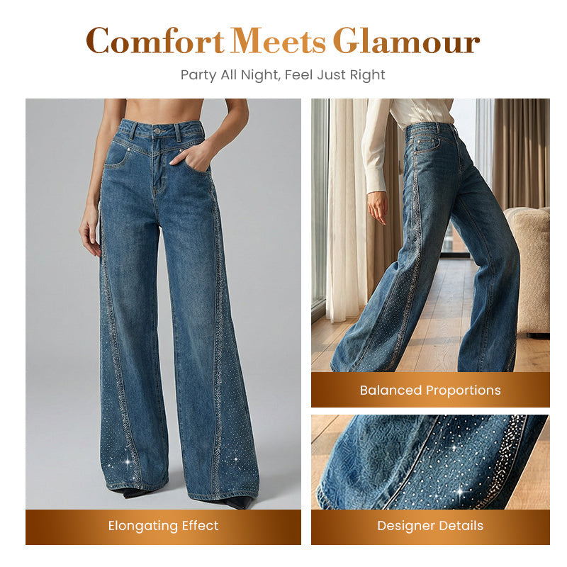 🎉50% DE RÉDUCTION✨Jean Large à Jambes Larges pour Femme avec Strass👖Élégance, Confort & Silhouette Allongée🔥