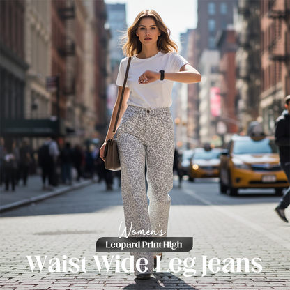 Jean taille haute à jambes larges et imprimé léopard pour femme