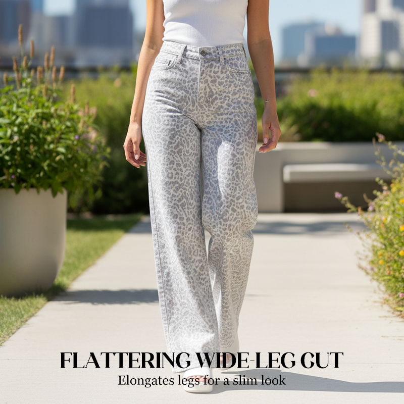 Jean taille haute à jambes larges et imprimé léopard pour femme