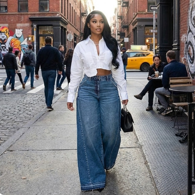 📢📢60 % de réduction !! ⏰Jean oversize à taille haute et jambes larges pour femme