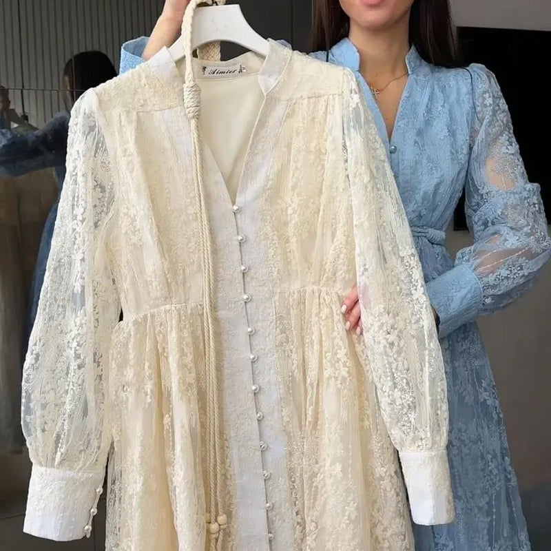 📢📢60 % de réduction !! ⏰ Robe Vintage à Manches Lanternes Brodées – Dentelle Délicate, Coupe Romantique & Élégance Rétro 🌸