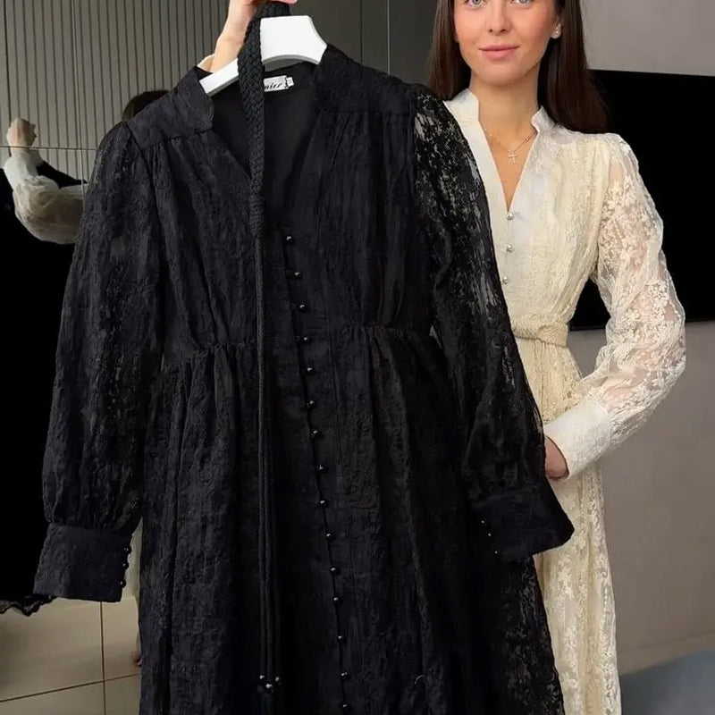 📢📢60 % de réduction !! ⏰ Robe Vintage à Manches Lanternes Brodées – Dentelle Délicate, Coupe Romantique & Élégance Rétro 🌸