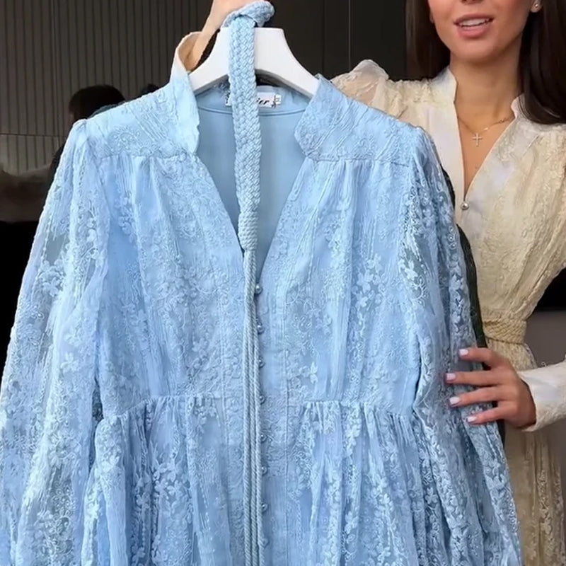 📢📢60 % de réduction !! ⏰ Robe Vintage à Manches Lanternes Brodées – Dentelle Délicate, Coupe Romantique & Élégance Rétro 🌸