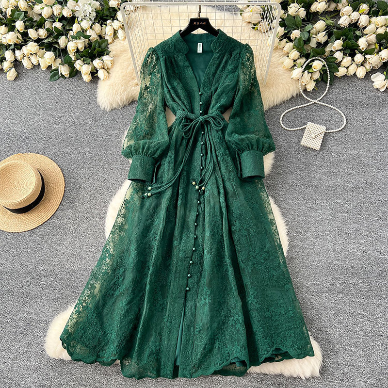 📢📢60 % de réduction !! ⏰ Robe Vintage à Manches Lanternes Brodées – Dentelle Délicate, Coupe Romantique & Élégance Rétro 🌸