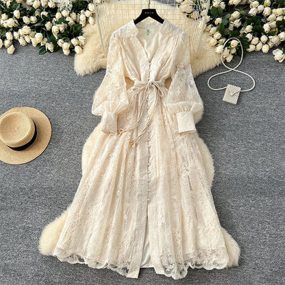 📢📢60 % de réduction !! ⏰ Robe Vintage à Manches Lanternes Brodées – Dentelle Délicate, Coupe Romantique & Élégance Rétro 🌸