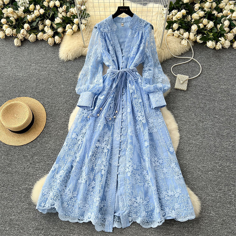 📢📢60 % de réduction !! ⏰ Robe Vintage à Manches Lanternes Brodées – Dentelle Délicate, Coupe Romantique & Élégance Rétro 🌸