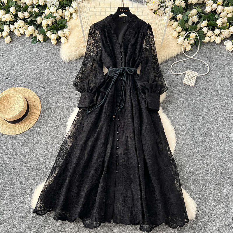 📢📢60 % de réduction !! ⏰ Robe Vintage à Manches Lanternes Brodées – Dentelle Délicate, Coupe Romantique & Élégance Rétro 🌸