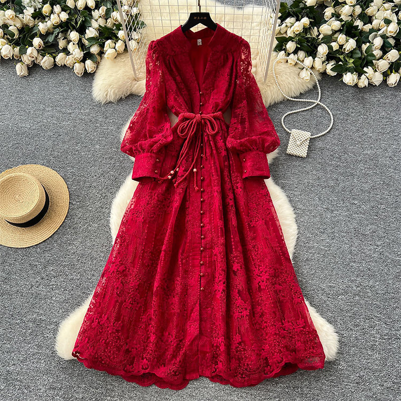 📢📢60 % de réduction !! ⏰ Robe Vintage à Manches Lanternes Brodées – Dentelle Délicate, Coupe Romantique & Élégance Rétro 🌸