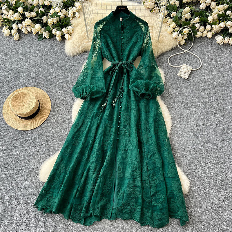 📢📢60 % de réduction !! ⏰ Robe Vintage à Manches Lanternes Brodées – Dentelle Délicate, Coupe Romantique & Élégance Rétro 🌸