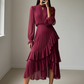 Robe midi plissée pour femme avec volants et encolure en trou de serrure