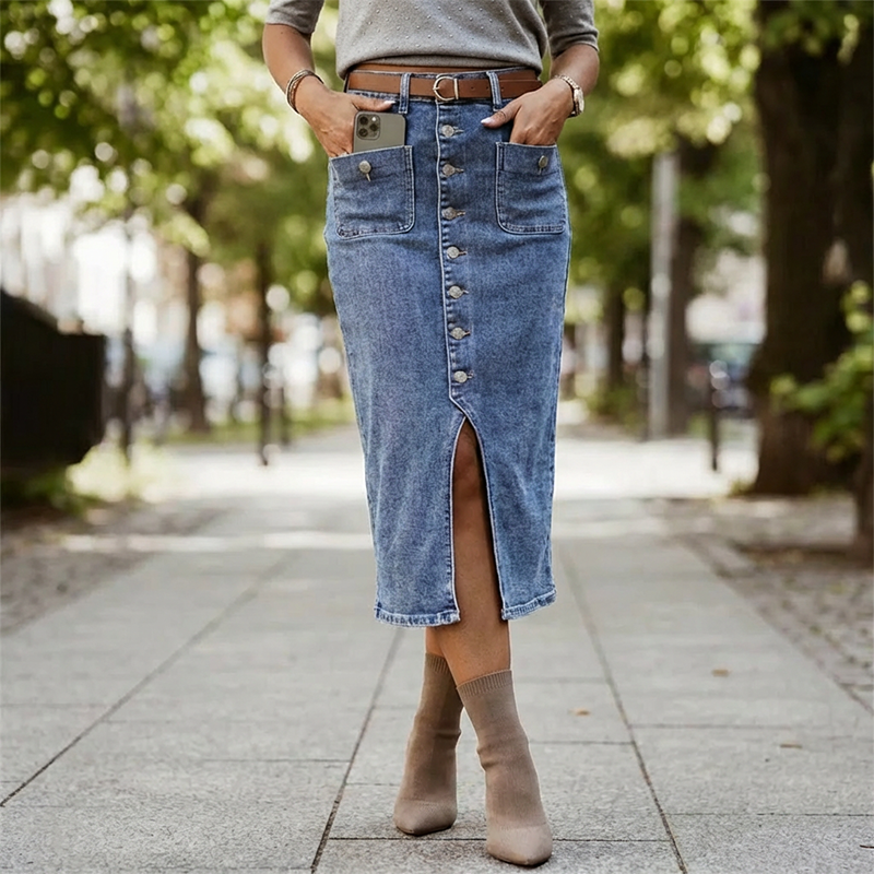 🔈🔈60 % DE RÉDUCTION MAINTENANT👗Jupe en jean taille haute boutonnée sur le devant