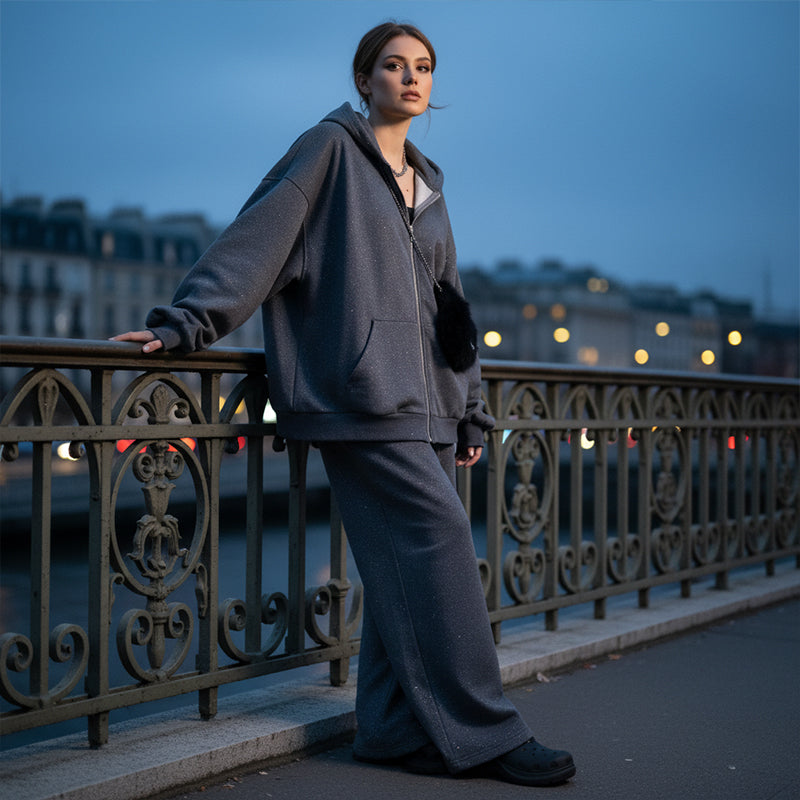 Ensemble sweat à capuche zippé pailleté et pantalon large pour femme