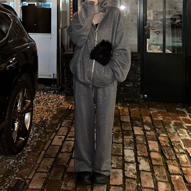 Ensemble sweat à capuche zippé pailleté et pantalon large pour femme