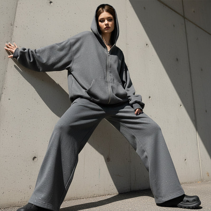 Ensemble sweat à capuche zippé pailleté et pantalon large pour femme
