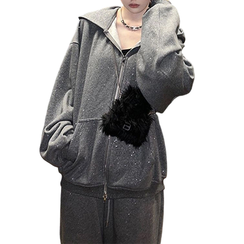 Ensemble sweat à capuche zippé pailleté et pantalon large pour femme