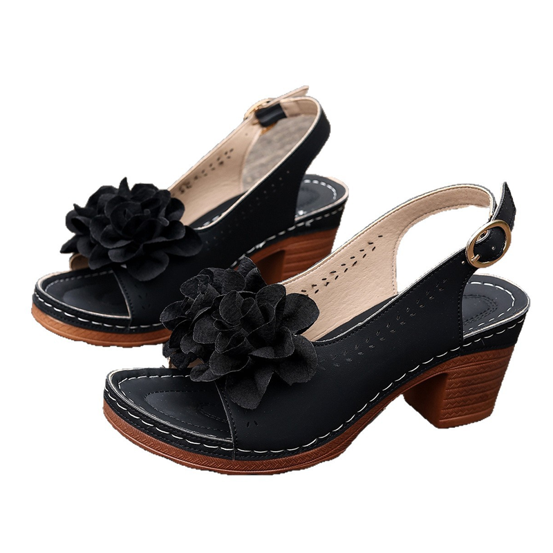 👡 60% DE RÉDUCTION! 🌸 Sandales à Talon Bloc avec Fleurs 3D & Bout Ouvert – Élégantes, Confortables & Bout Ouvert 👠