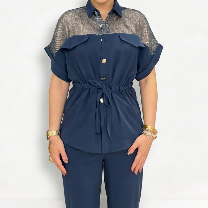 Ensemble 2 pièces pour femme : haut et pantalon en patchwork de maille