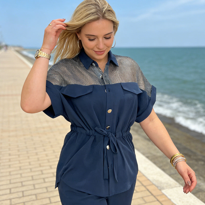 Ensemble 2 pièces pour femme : haut et pantalon en patchwork de maille