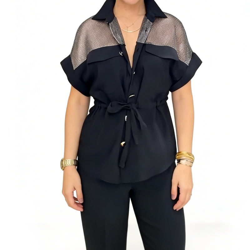 Ensemble 2 pièces pour femme : haut et pantalon en patchwork de maille