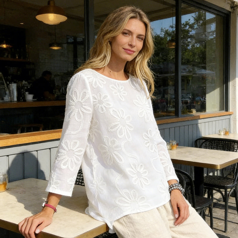 Blouse à manches longues brodée de fleurs pour femme