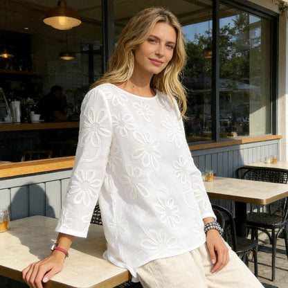 Blouse à manches longues brodée de fleurs pour femme