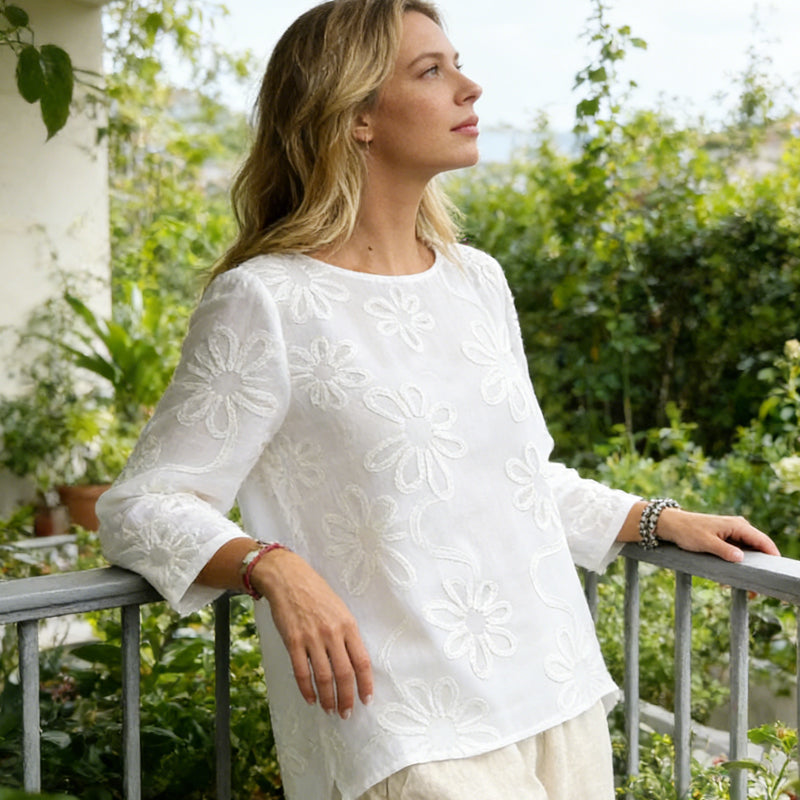 Blouse à manches longues brodée de fleurs pour femme