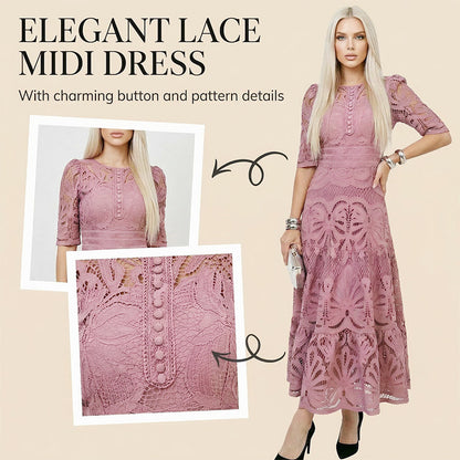 Robe de soirée à manches courtes et col rond en dentelle florale pour femme