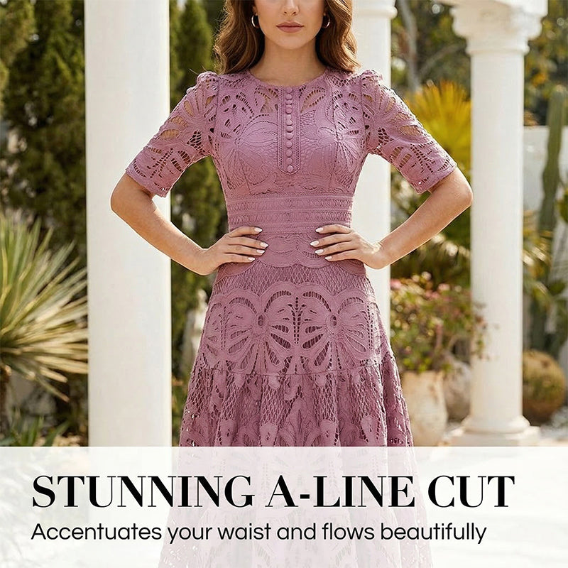Robe de soirée à manches courtes et col rond en dentelle florale pour femme