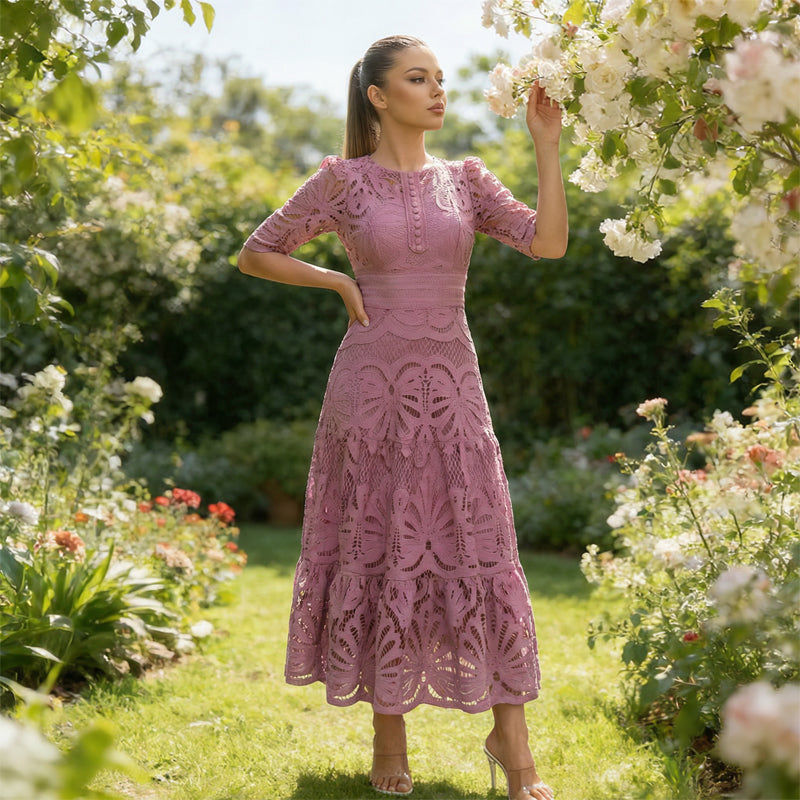 Robe de soirée à manches courtes et col rond en dentelle florale pour femme
