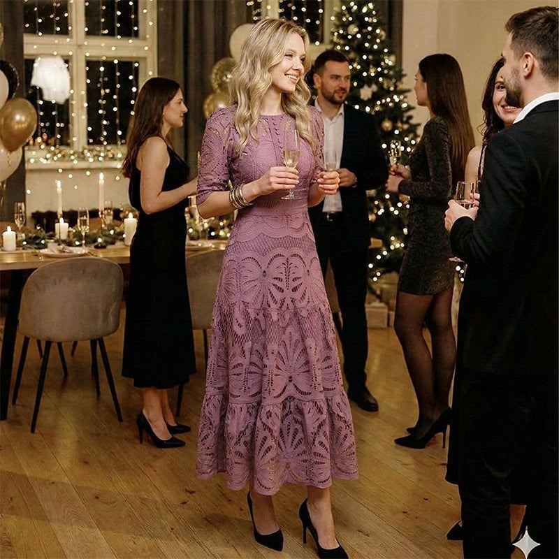 Robe de soirée à manches courtes et col rond en dentelle florale pour femme