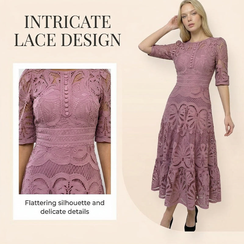 Robe de soirée à manches courtes et col rond en dentelle florale pour femme