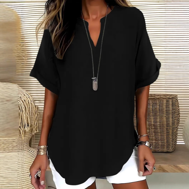 👚60 % DE RÉDUCTION ! 🔥Top ample à manches courtes tendance – Col en V cranté, ourlet asymétrique et tissu léger (5 couleurs, tailles S à 2XL) 🌸