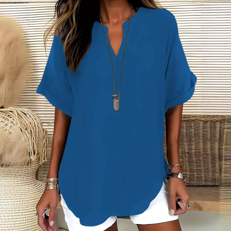 👚60 % DE RÉDUCTION ! 🔥Top ample à manches courtes tendance – Col en V cranté, ourlet asymétrique et tissu léger (5 couleurs, tailles S à 2XL) 🌸