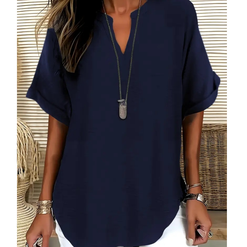 👚60 % DE RÉDUCTION ! 🔥Top ample à manches courtes tendance – Col en V cranté, ourlet asymétrique et tissu léger (5 couleurs, tailles S à 2XL) 🌸